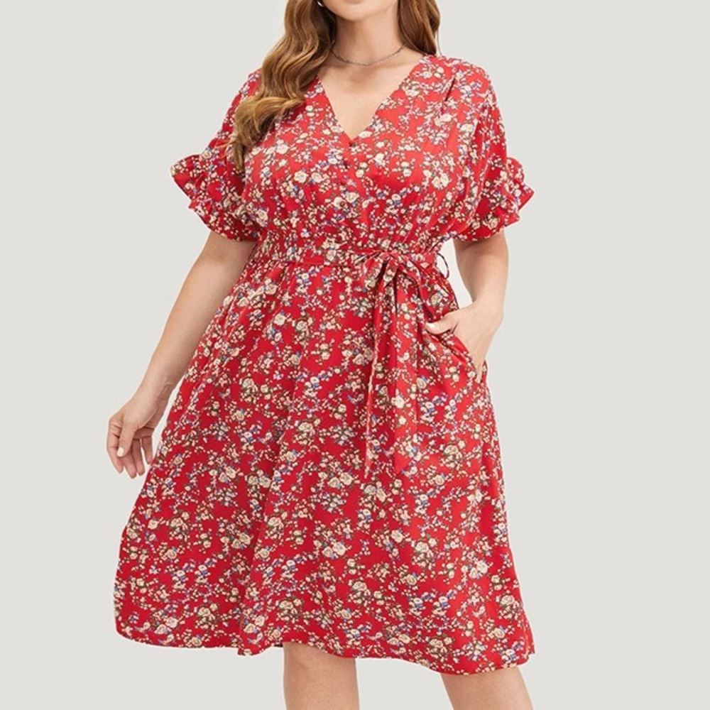 BloomChic Red Floral Belted Ruffle Sleeve V Neck Dress Plus Size 14/16 1X